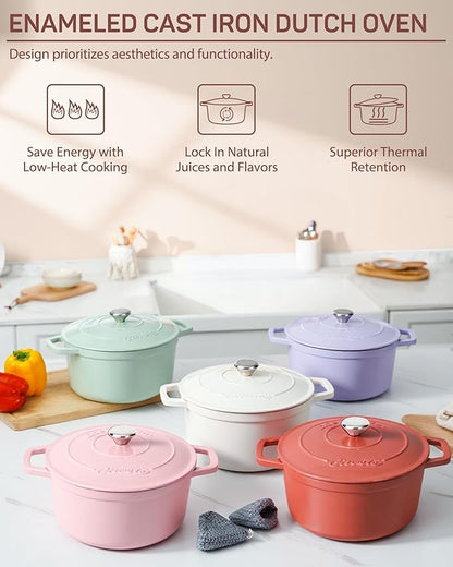 Ciwete 6 QT Dutch Oven Pot with Lid, Enameled Cast Iron Dutch Oven for Bread Making, Braiser, Cooking, Dual Handles, Oven Safe up to 500° F or on Stovetop, Gifts for Family - Pink