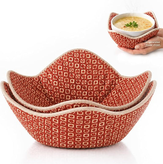 Set of 2 Microwave Bowl 4x7x7 Inch Polyester Cloth Hot Pads with Red Pattern - Multipurpose Heat Resistant Plate Holders - Ramen Pot Cozy or Soup - Pot Holder Microwavable Bowl Cozies for Food