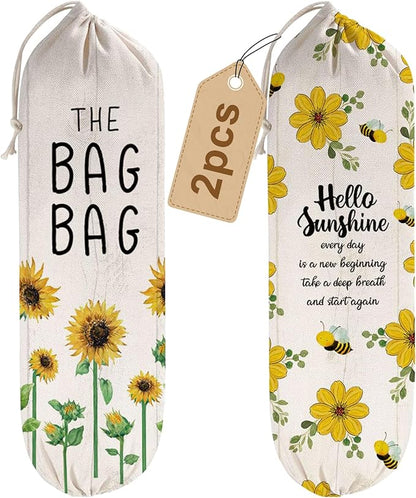 2Pcs Sunflower Plastic Bag Holder for Kitchen Essentials, Reusable Hanging Grocery Bag Organizer, Sunflower Gifts for Women, Washable Large Grocery Trash Bags Storage Dispenser
