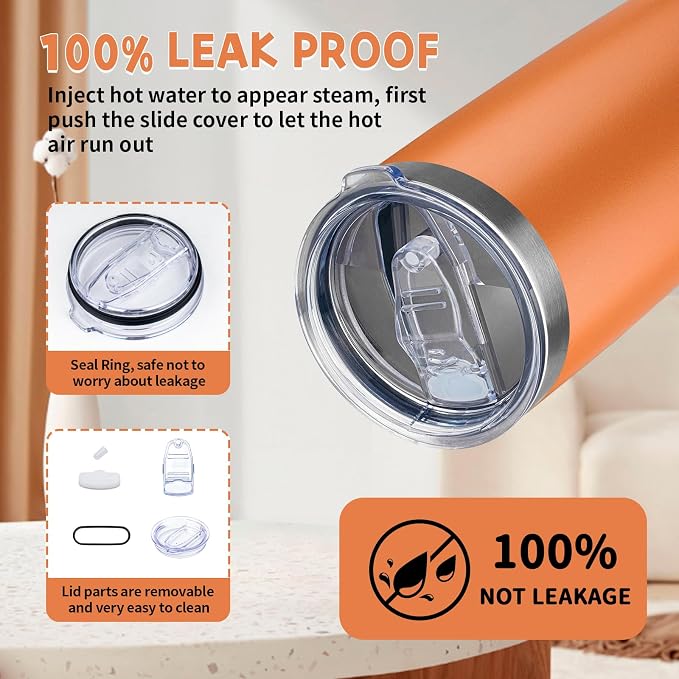 20 oz Tumbler with Lids and Straws, Stainless Steel Insulated Coffee Tumbler, Double Wall Vacuum Insulated Travel Mug Cup, Leakproof Thermal Coffee Cup for Hot and Cold Drinks (Orange)