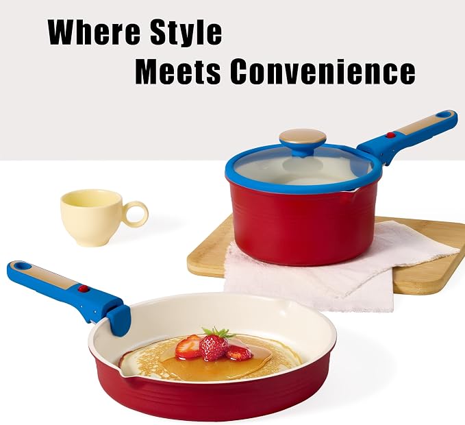 CAROTE 5Pcs Titanium Cookware Set, Pots and Pans Set Non Stick, Kitchen Cooking Set with Detachable Handle, Non Toxic Induction Cookware, Dishwasher/Oven Safe，Memphis Design
