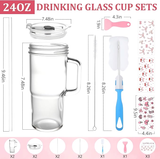 Birity 24oz Pink Bow Glass Cups with Lids and Straws,2 Set Glass Tumbler with Handle,Galss Cup with Stickers and Aesthetic Iced Coffee Cup for Smoothies,Tea,Juice,Boba,Christmas