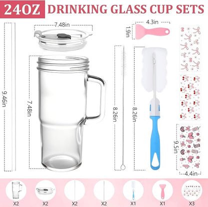 Birity 24oz Pink Bow Glass Cups with Lids and Straws,2 Set Glass Tumbler with Handle,Galss Cup with Stickers and Aesthetic Iced Coffee Cup for Smoothies,Tea,Juice,Boba,Christmas