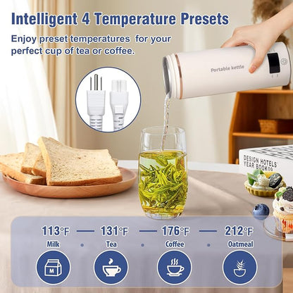 Travel Electric Kettle Portable Mini Kettle,Small Hot Water Boiler with 4 Temperature Settings,304 Stainless Steel,Fast Boiling Water with Auto Shut-Off and Boil Dry Protection,400ml (Beige, 400ML)