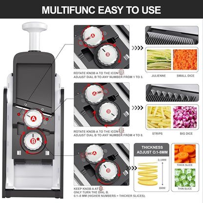 QYKIC Upgrade Safe Mandoline Slicer for Kitchen, Vegetable Chopper Slicer, Potato Slicer Thickness Adjuster, Veggie Onion Dicer for Quick Meal Prep (8 in 1 Gray)