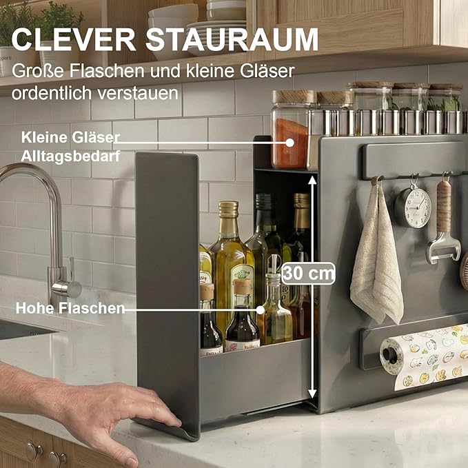 2 Tier No Assembly Pull Out Spice Rack Countertop, Sliding Drawer for Tall Bottles, with Magnetic Panels with Paper Towel Holder and 4 Hooks (Dark Grey, 2)