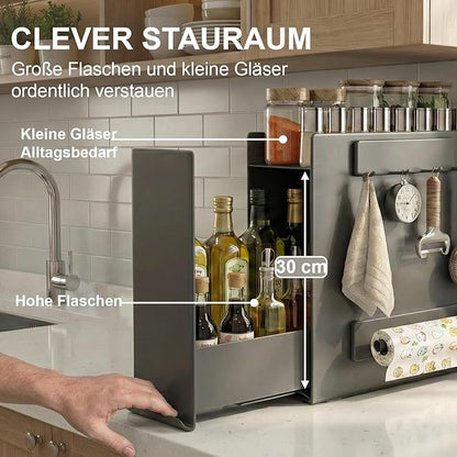 2 Tier No Assembly Pull Out Spice Rack Countertop, Sliding Drawer for Tall Bottles, with Magnetic Panels with Paper Towel Holder and 4 Hooks (Dark Grey, 2)