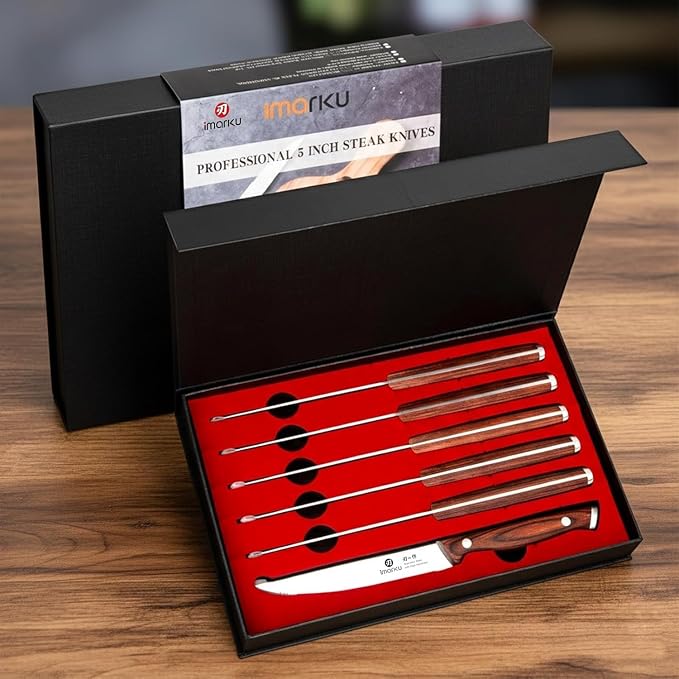 imarku 9" Steak Knife Set of 6, Japanese High Carbon Stainless Steel, Serrated Edge Glides Through Steak, No Sharpening, For 6 Guests, Complements Any Table