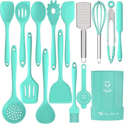 Silicone Kitchen Utensils Set, 16-Piece Silicone Cooking Utensils by Deedro, Heat Resistant Kitchen Tools Set with Holder, Nonstick Spatula Kitchen Gadgets for Cooking & Baking, Green
