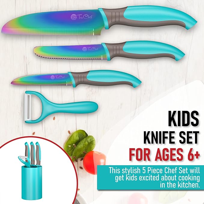 TruChef 5-Piece Kids Cooking Chef Knife Set | Real Stainless Steel Knives with Peeler, Serrated Knife & Holder | Kids Safe Rounded Tips, Easy-Grip Handles | Kitchen Knife Set (5 pcs, Aqua)