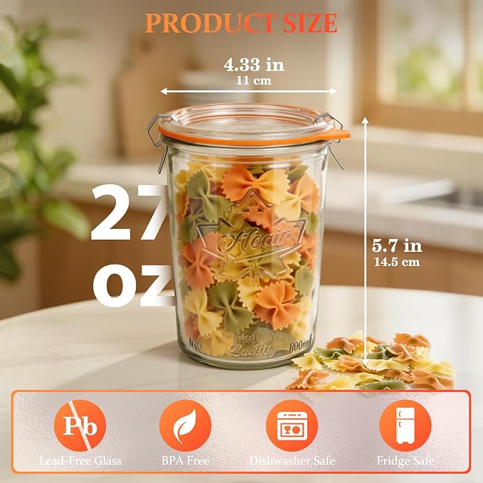 Wide Mouth Canning Jars 27 oz - 4 Pack Sourdough Starter Jars with Glass Airtight Lids & Plastic Lids, Large Glass Canisters with 2 Measurement Marks for Food Storage, Fermenting, Pickling, Meal Prep
