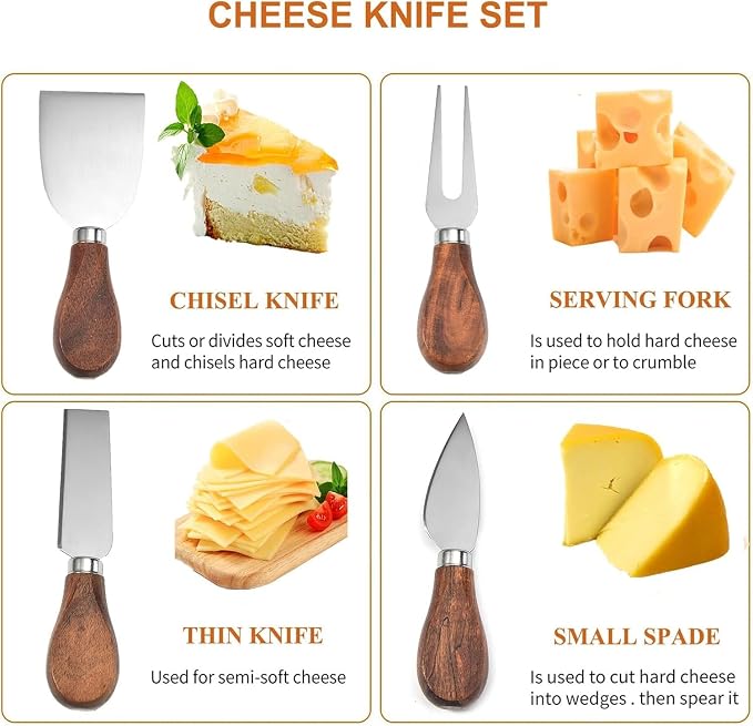 Premium Stainless Steel Cheese Tool Set - Cheese Knife Set - Cut, Spread All Your Favorite Cheeses (4 Acacia Cheese Set)