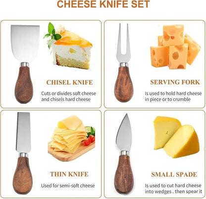 Premium Stainless Steel Cheese Tool Set - Cheese Knife Set - Cut, Spread All Your Favorite Cheeses (4 Acacia Cheese Set)