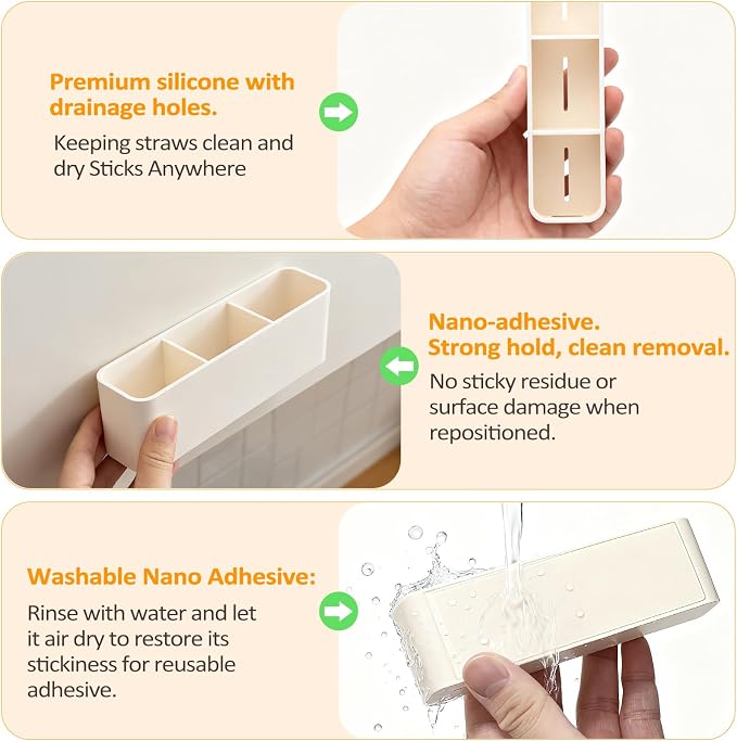MoodLife Straw Holder for Cabinet Door, 2 Pack Silicone Peel and Stick Straw Organizer, Adhesive Kitchen Cabinet Cupboard Storage Holder for Straws, Spoons, Coffee Bar, Pantry (White)