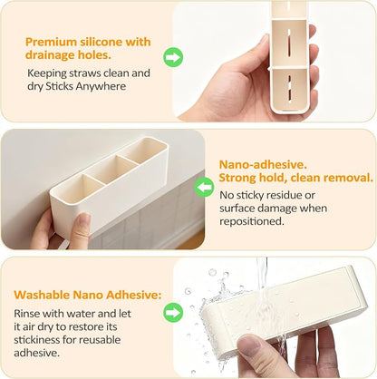 MoodLife Straw Holder for Cabinet Door, 2 Pack Silicone Peel and Stick Straw Organizer, Adhesive Kitchen Cabinet Cupboard Storage Holder for Straws, Spoons, Coffee Bar, Pantry (White)