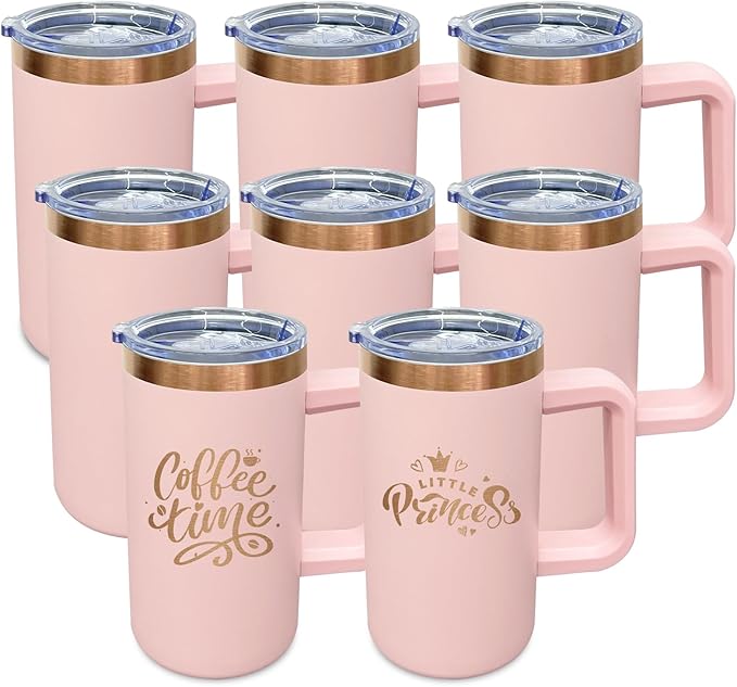 20 oz Insulated Coffee Mug with Lid, Stainless Steel Coffee Tumbler Bulk, Double Wall Vacuum Travel Mug with Handle, Leakproof Powder Coated Coffee Cups for Hot and Cold Drinks (Pink,8 pack)