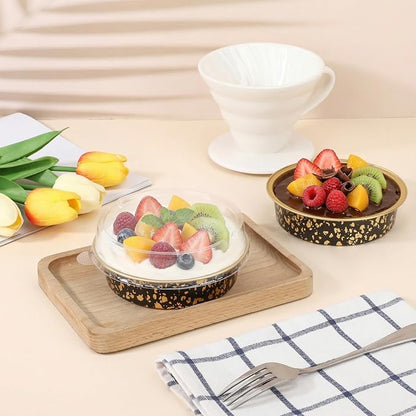 Beasea Mini Ramekins with Lids, 100 Pack 7.3oz Disposable Aluminum Tart Pie Baking Tins Pans, 4 Inch Small Individual Cheesecake Tart Containers Oven Baking Dishes for Party - Black Gold Speckles