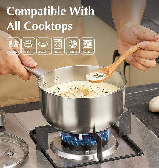 KOCH SYSTEME CS Stainless Steel Saucepan 1 Quart, 18/10 Stainless Steel Saucepan with Lid, Premium Steel Sauce Pan, Indutcion Sauce Pan with Lid, Small Cooking Pot, Oven Safe