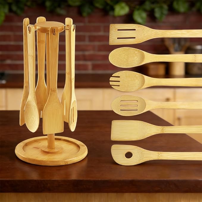 7 Piece Bamboo Wooden Kitchen Cooking Utensils Set Spoons for Eating Appliances and Gadgets with Holder, Home and Kitchen Essentials Gifts for People Who Love to Cook