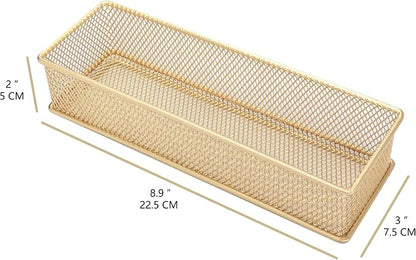 Annova Mesh Stackable Drawer Cabinet and Shelf Organizer Bins Storage Basket School Office Supply Holder Tray- Set of 2 (Gold, 3x9x2 Inch)