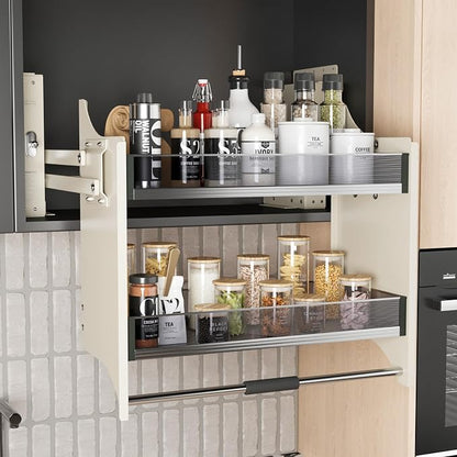 Pull Down Shelf Organizer, 22''~24'', White | Heavy Duty, Kitchen Upper Cabinet, 2-Tier, Adjustable Width, for Kitchen Upper Cabinet