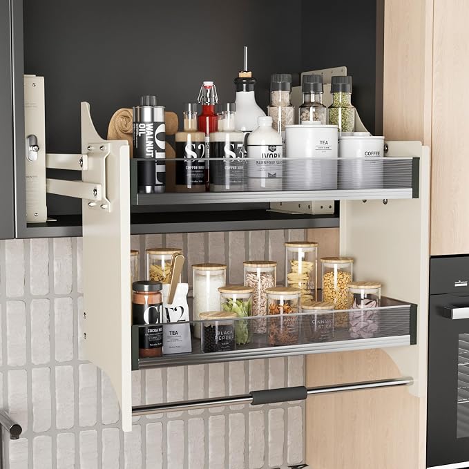 Pull Down Shelf Organizer, 26''~28'', White | Heavy Duty, Kitchen Upper Cabinet, 2-Tier, Adjustable Width, for Kitchen Upper Cabinet