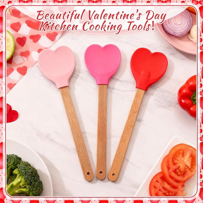 Chengu 3 Pcs Heart Shaped Silicone Spoon with Wooden Handle Valentine Day Kitchen Utensil Gift Set Red Pink Hot Heart Spatula Non-stick Cooking Tools for Mixing Stirring and Baking