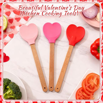 Chengu 3 Pcs Heart Shaped Silicone Spoon with Wooden Handle Valentine Day Kitchen Utensil Gift Set Red Pink Hot Heart Spatula Non-stick Cooking Tools for Mixing Stirring and Baking