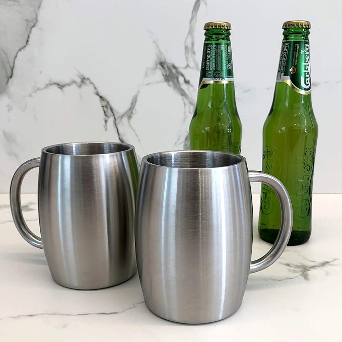 CHILLOUT LIFE Stainless Steel Insulated Coffee Mugs Set of 2 (14oz) – Double Wall Coffee Cups with Spill Resistant Lid & Strong Handle, Shatterproof Cups for Cold Drinks and Hot Beverages
