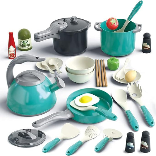 Bruvoalon 32Pcs Kids Play Kitchen Toys Set, Toddlers Pretend Cooking Playset Acccessories with Pots Pans, Utensils Cookware, Foods, Canned Veges, Learning Gift for Kids Girls Boys (Green)