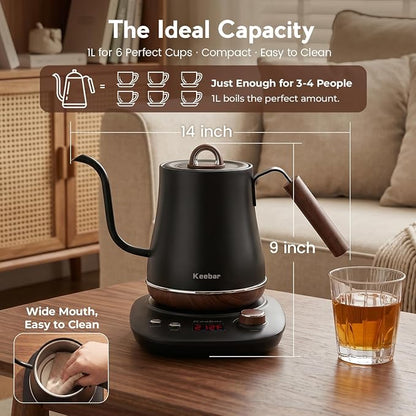 Electric Kettle, 1000W Quick Heating Gooseneck Kettles, 1.0L/33.82oz, 0.8mm Ultra-Fine Spout, Precise Water Flow Control, 304 Stainless Steel Inner, Auto Shut-Off, Boil Dry Protection, Matte Black