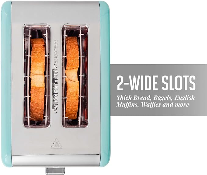 OVENTE 2-Slice Electric Toaster, 825W with 6 Browning Settings, Bagel, Defrost, Cancel Functions, Extra-Wide Slots, Stainless Steel Retro Countertop Toaster, Turquoise TS2450T