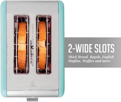 OVENTE 2-Slice Electric Toaster, 825W with 6 Browning Settings, Bagel, Defrost, Cancel Functions, Extra-Wide Slots, Stainless Steel Retro Countertop Toaster, Turquoise TS2450T