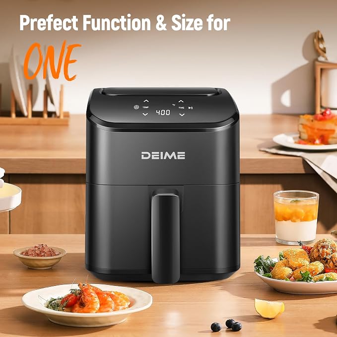 DEIME Air Fryer, Small Digital 3 Qt Airfryer Space Saving Compact, Bake, Reheat, Roasts for Quick Easy Meals, Mini Compact & Quiet, Nonstick & Dishwasher Safe Basket (Black+TR)