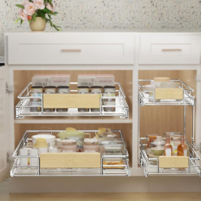 LOVMOR Pull Out Cabinet Organizer with Wooden Handle, 16½" W x 21½"Heavy Duty Cabinet Drawers Shelves Slide Out Organizer for Kitchen, Pantry