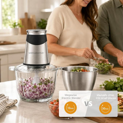 MEGAWISE Electric Food Chopper 800W, Dual-Speed Meat Grinder with1.2L 304# Stainless Steel Bowl & 2.2L Glass Bowl, BPA-Free Food Processor for Meat, Vegetables, and Nuts