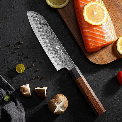 BGT Kiritsuke Knife, 8 inch Japanese Chef Knife, Japanese 67 Layer VG-10 Damascus Steel Kitchen Knife with Ebony Wood Handle and Gift Box. (Santoku knife)