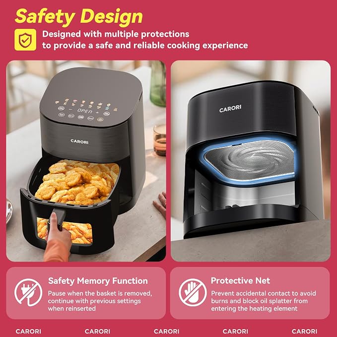 CARORI 6 Qt Dual Heat Air Fryer with Viewing Window, 14 Presets, 1700W, No-Flip Top and Bottom Heating, 392°F Max, Nonstick Dishwasher-Safe Basket, Black