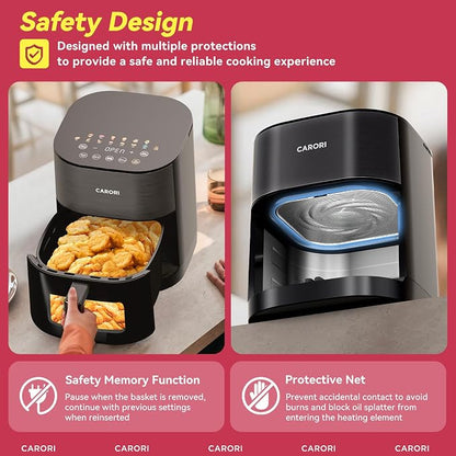 CARORI 6 Qt Dual Heat Air Fryer with Viewing Window, 14 Presets, 1700W, No-Flip Top and Bottom Heating, 392°F Max, Nonstick Dishwasher-Safe Basket, Black