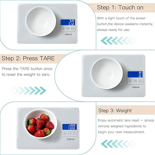 AZEUS Food Scale with USB Rechargeable, Digital Kitchen Scale with 6 Units, High Precision to 0.04 oz /11lbs Capacity, Weight Range from 3g-5000g
