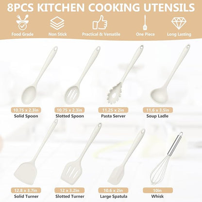 TeamFar Silicone Cooking Utensils Set, 8 PCS Kitchen Utensils Set, 446°F Heat Resistant, Turner, Spatula, Spoon, Whisk, Kitchen Cooking Gadgets Tools for Nonstick Cookware, Dishwasher Safe-White