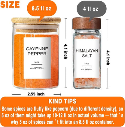 GPOVVIMX 12 Pcs Glass Spice Jars with Bamboo Airtight Lids and 191 Labels - 8.5oz Small Food Storage Containers for Kitchen, Seasoning, Coffee, Herb - Spoon and Marker Included