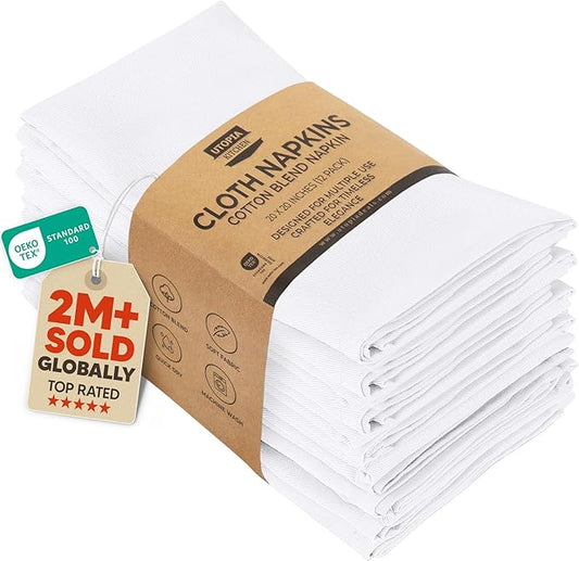 Utopia Kitchen White Cloth Napkins [12 Pack, 20x20 Inch] Absorbent Cotton Blend Washable and Reusable for Dinner, Restaurant, Lunch, Wedding and Hotel