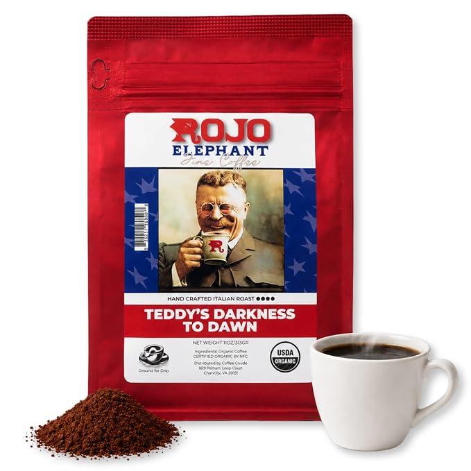 Rojo Elephant Caffeinated Ground Coffee, Single Origin Arabica Beans, Naturally Low Acid, Premium Ground Coffee (11 oz Bag) (Italian Roast -Teddy's Darkness to Dawn)