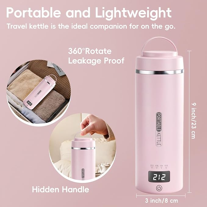 Travel Kettle, Portable Electric Kettle with 4 Temperature Controls, 304 Stainless Steel with Auto Shut-off & Leak Proof, Pink(120V)