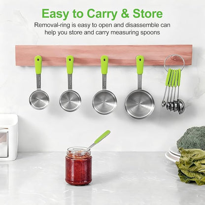 Bopei Measuring Cups and Spoons Set Stainless Steel 10 Piece for Cooking and Baking (5 Cups + 5 Spoons, Green Handle)