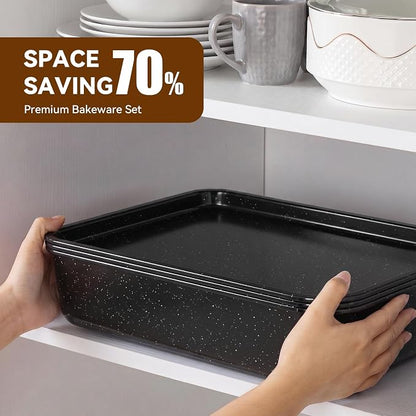 Wildone 13-Piece Baking Pans Set Nonstick - Stackable Bakeware Sets Including Cookie Sheets for Baking, Rack, Muffin Pan, Cake pan, Loaf Pan, Roasting Pan, Heavy Duty & Easy Clean, Black