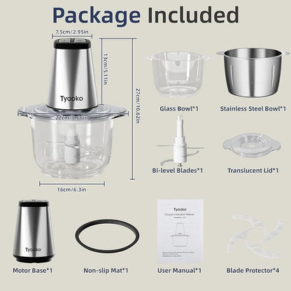 Electric Food Processor Vegetable Chopper, Easy Clean Meat Grinder with 2 Bowls (8 Cup Stainless Steel+8 Cup Glass), Small Food Mixer for Fruits/Meat/Nuts/Fish/Veggie/Pet Food/Baby Food
