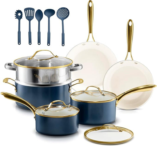 15 Pc Pots and Pans Set Non Stick - Gotham Steel Ceramic Cookware Set, Diamond Reinforced Nonstick, PFOA & PFAS Free, Non Toxic Kitchen Cookware, Oven Safe to 500°F, Dishwasher Safe - Navy