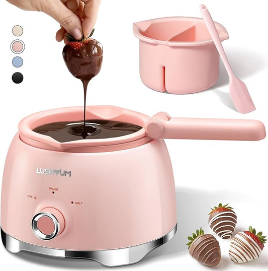 LUSHYUM Chocolate Melting Pot Candy Melts Melter with 2 Insert Pots and Spatula, 4 Cups Capacity Warmer Machine, Ideal Dipping Tool Kitchen Supplies for Making Cake Pop Covered Strawberries Fondue